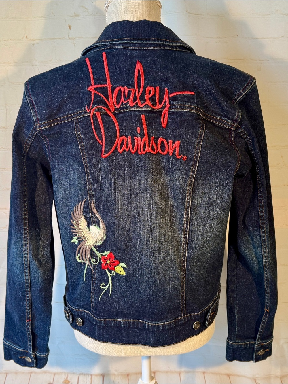 Harley-Davidson Dark Blue Denim Jean Jacket Floral Embroidered 6 8 M EUC - Picture 2 of 8
